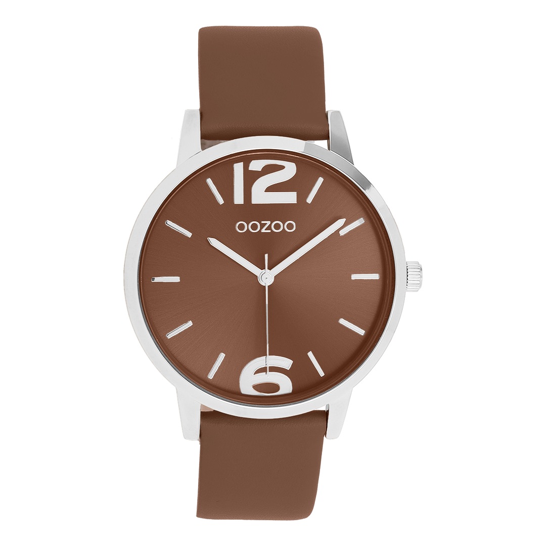 Silver coloured OOZOO with coffee brown leather strap